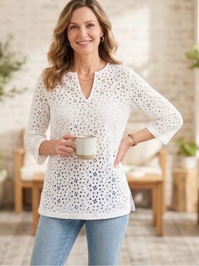 Talbots Petites 2P White Floral Eyelet Lace Top Split Neck Tunic Coastal Grandma